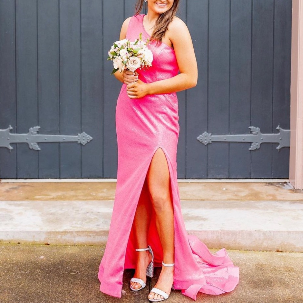 Hot Pink One Shoulder Sophia Thomas Prom Dress (with slit)
